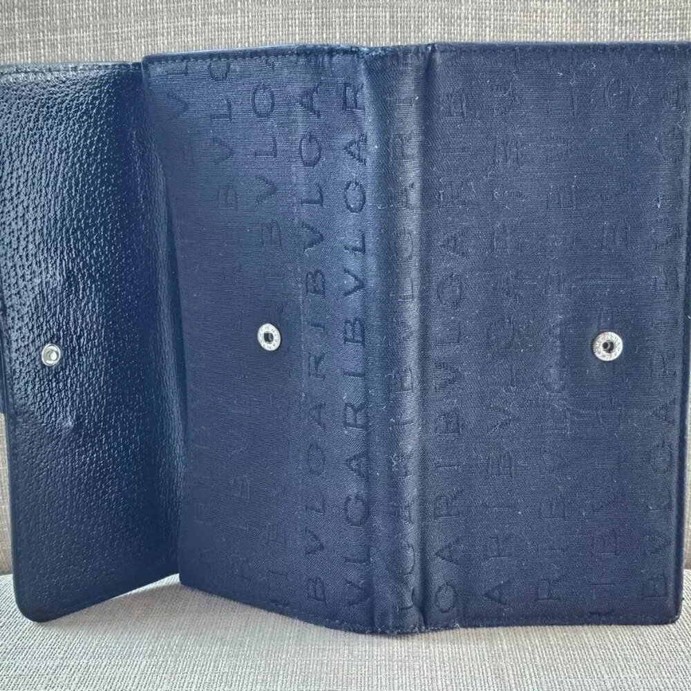 BVLGARI Clutch Long Wallet Card Holder Black Leather/Canvas Bag Purse Made Italy - Picture 5 of 14